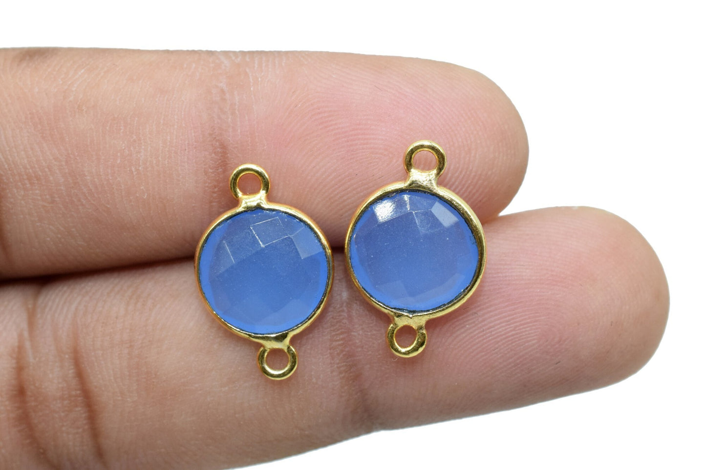 Blue Chalcedony 10mm Round double bail connectors,Blue Chalcedony Gold Plated Gemstone Bezel Connector,Blue chalcedony Double Loop connector