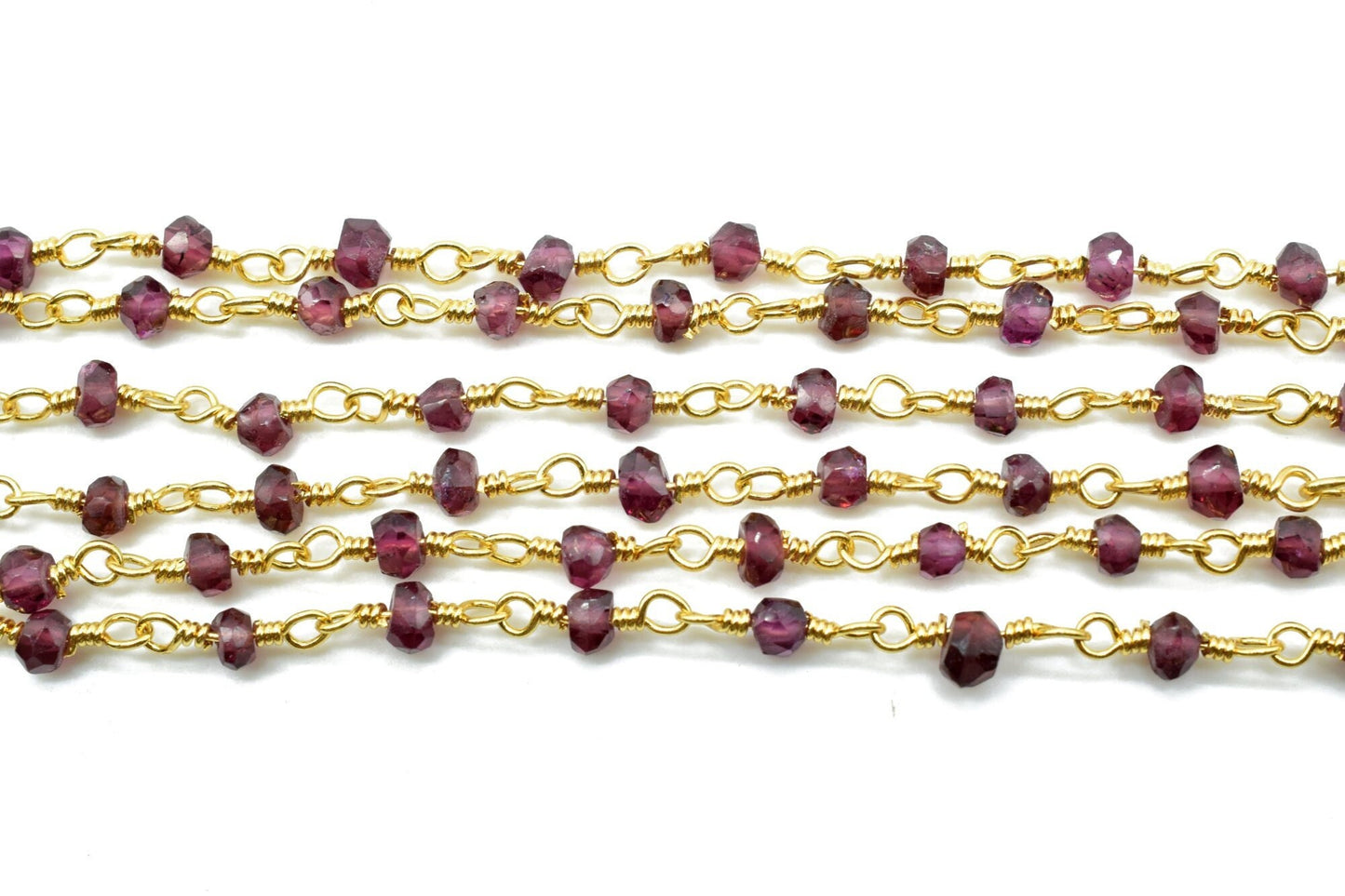 Garnet 3mm Beaded Chain,Garnet Rosary Chains,Garnet Gold Plating Wire Wrap Chain,Garnet Brass chain,Jewelry Making Chain,Garnet Rosary chain