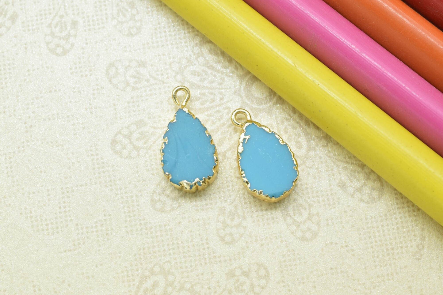 Turquoise Teardrop Pendant Charms,Handmade Cabechon Pendant,Necklace Connector,Charms Jewelry,Gemstone Electroplated,Single Bail Connector