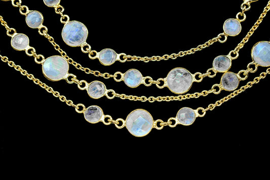 Rainbow Moonstone Bezel Chain Connector, Gold Plated Gemstone Chain, Bracelet Chain,Round Bezel Beads Rosary Chain,Rainbow Jewelry Connector