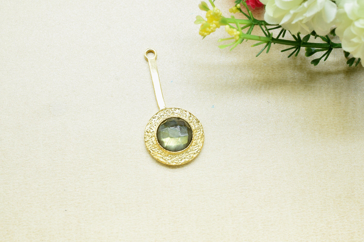 Labradorite Pendant , Labradorite Gemstone Handmade Pendant ,Single Bail Checker Cut Gemstone Connector, Gold Plated Connectors