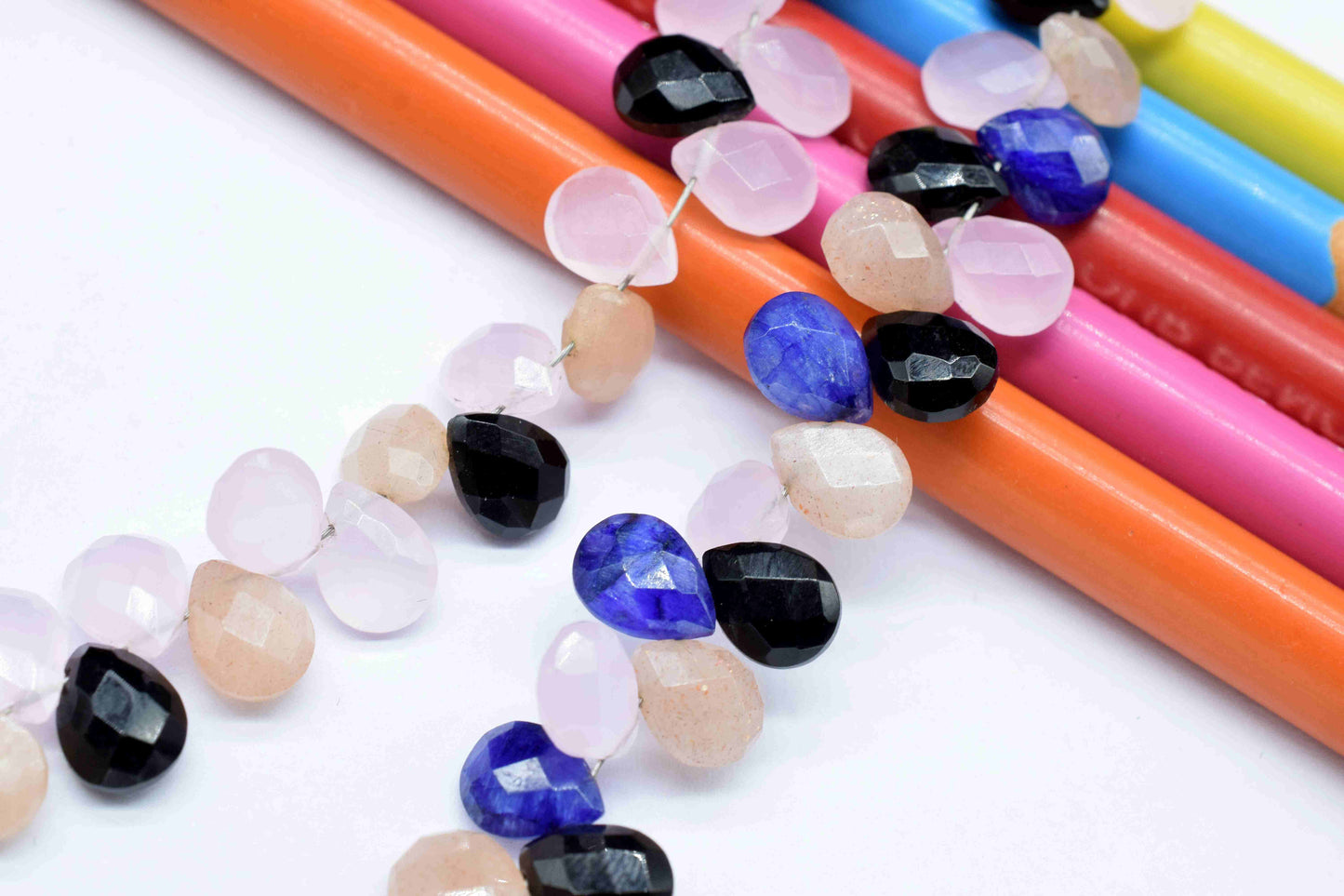 Multi Stone Pear Shape Briolette,Peach Moonstone Briolette, 6x8mm Teardrop,Black Onyx Briolette,Rose Quartz Teardrop, 8''Pear Shape Strand