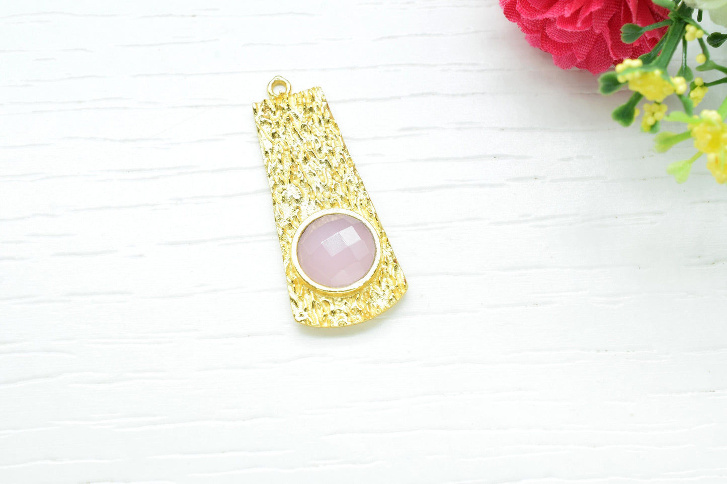 Pink Chalcedony Pendant ,Pink Chalcedony Gemstone Handmade Pendant , Single Bail Charms , Gold Plated Connectors , Gemstone Connector Charm