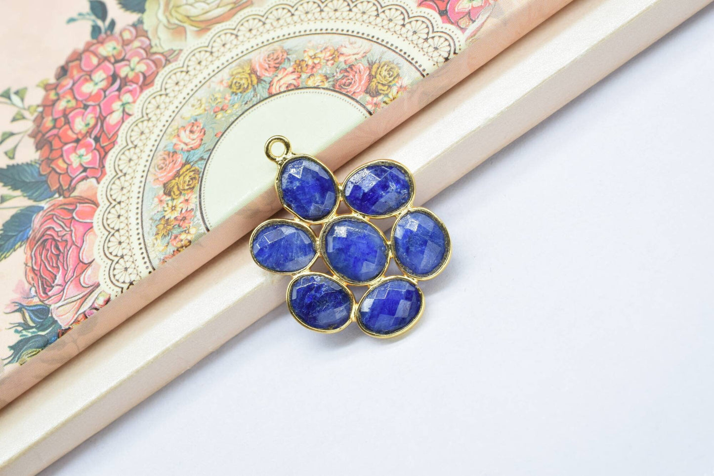 Blue Sapphire Flower Pendant,Gemstone single bail connectors,Sapphire jewelry making Craft,Handmade Jewelry,Chandelier Earring Connector