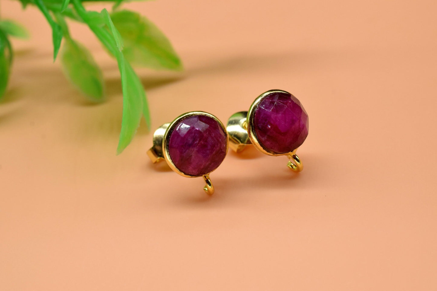 8mm Round Ruby Earring Connector,Jewelry Craft Supplies,Ruby connectors post stud,DIY Jewelry,Bezel Frame Connector,Earring Finding,Rubystud