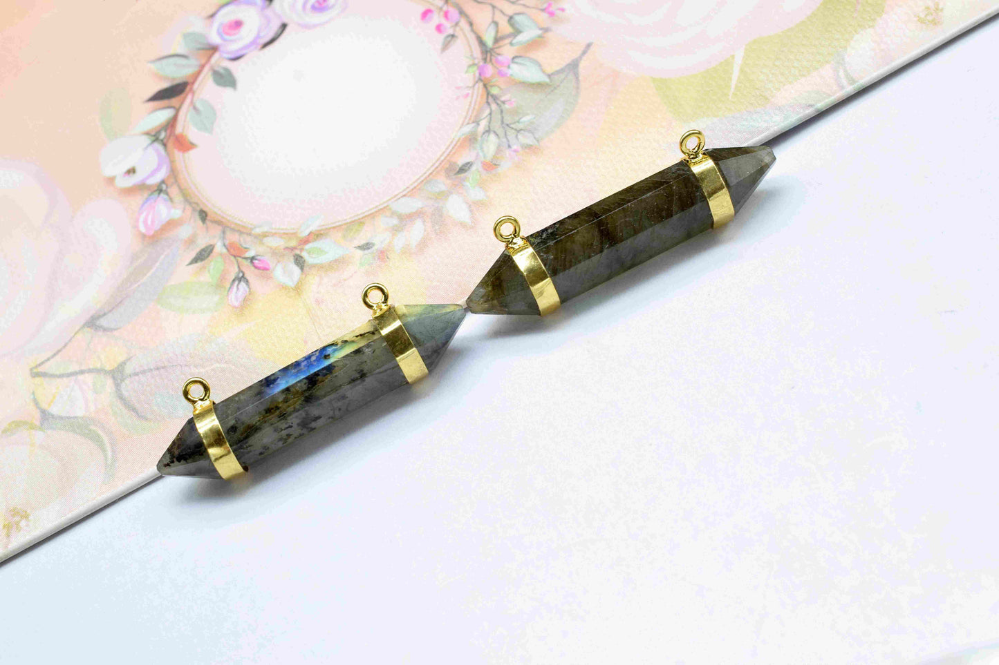 Labradorite 10x40mm Point Pendant,Double Bail Pendant with Electroplated Gold Band,Labradorite Bullet Pendant,Gemstone Double Bail Necklace