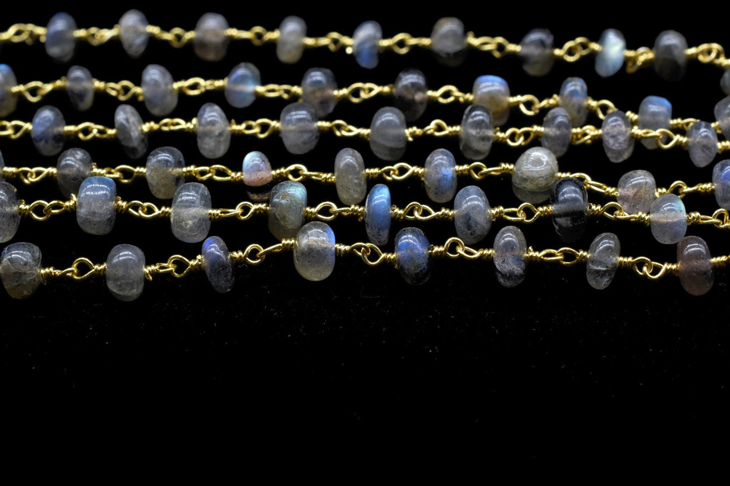 Labradorite 6mm Smooth rondelle Beaded Chain,Labradorite Gold Rosary Chain,Gemstone Chains By the Foot for Rosary Necklace,Rosary Roll Bulk