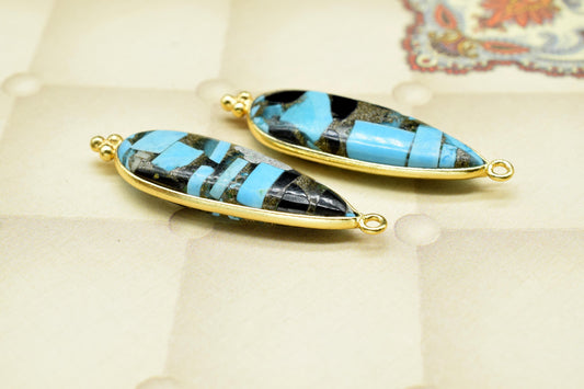 Blue Copper Turquoise 10x30mm Bezel charms,Copper Turquoise Pendant,Station Bezel Link Jewelry Supplies,Connector Pendant,Gemstone Teardrop