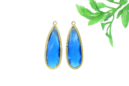 Blue Topaz Gemstone 10x30mm Teardrop Charm,blue Topaz Teardrop Shape Pendant Jewelry Making,Topaz Quartz Gold Plated Single Bail Connector
