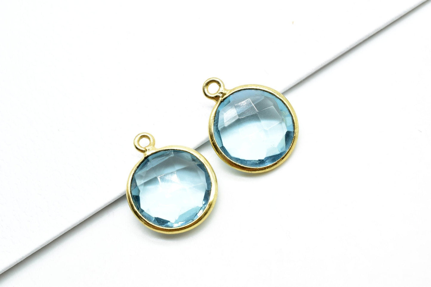 Sky Topaz 12mm Round charm,Brass Gold Plated bezel,Sky Topaz Pendant,Teardrop,Light Gold Bezel Trim Edge Faceted Gemstone,Sky Topaz charm