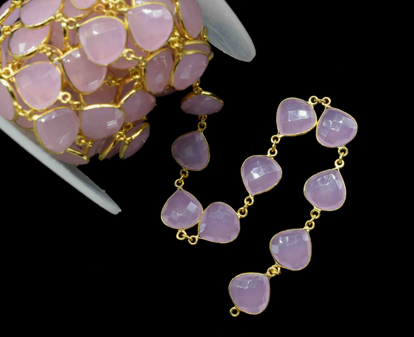 Rose Quartz Gold Plated Bezels Chain, 12mm Heart Shape Bezels Chain, Rose Quartz Briolette Faceted Connectors Chain, Gemstone Bezels Jewelry