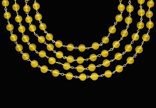 Yellow Chalcedony Quartz Smooth 6mm Round Beaded Chain,chalcedony Quartz Brass Wire Wrapped Necklace Chain,quartz gold Plating Beads Rosary