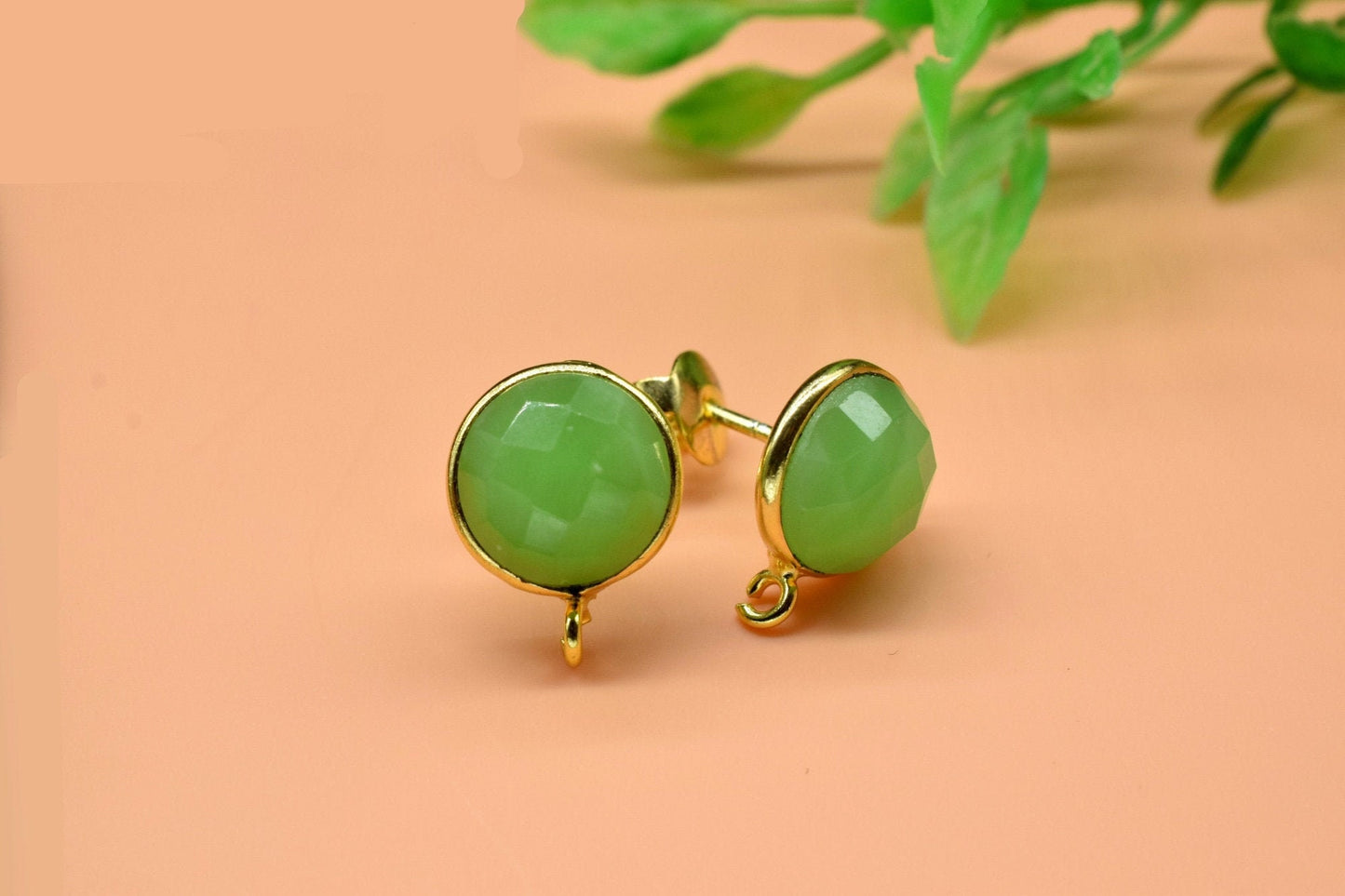 10mm Round Chrysoprase Earring Connector, Jewelry,bezel frame Connector,Ear Post Studs Connectors,Chrysoprase Ear Studs,Studs Connectors