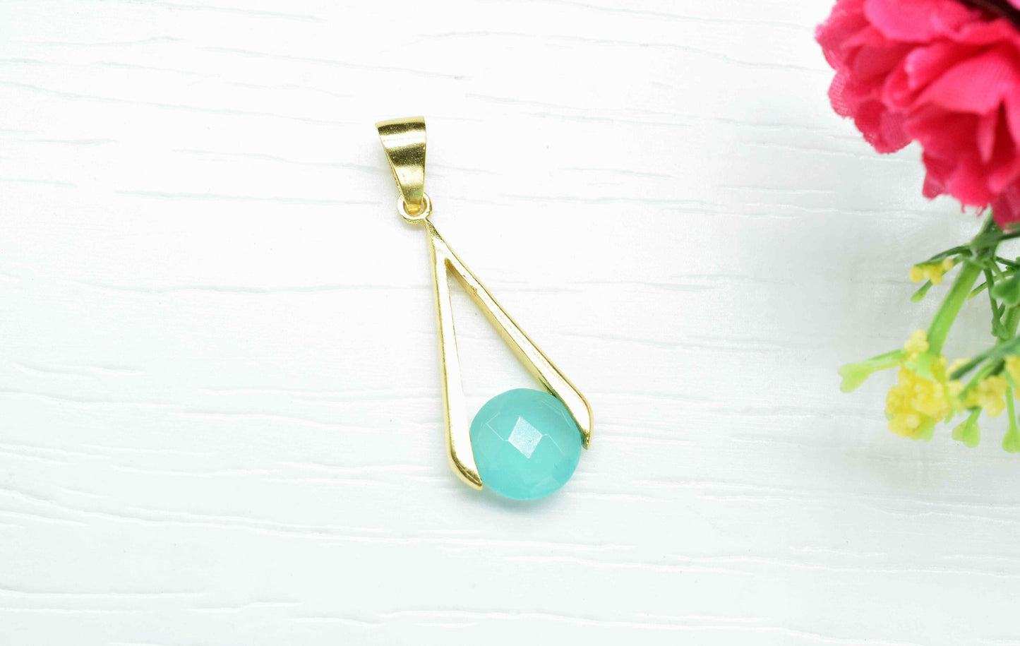 Aqua Chalcedony Component , Single Bail Charm , Aqua Chalcedony  Connector Pendant , Gold Plated Connectors , Women Jewelry ,Bridesmaid Gift