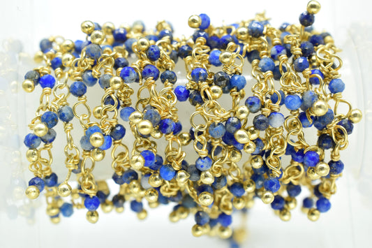 Lapis Lazuli Dangling Beads Chain,Gemstone Rosary Chain,Wire Wrapped Necklace Chain,Lapis Lazuli Cluster Rosary Chain,Handmade Beads Jewelry