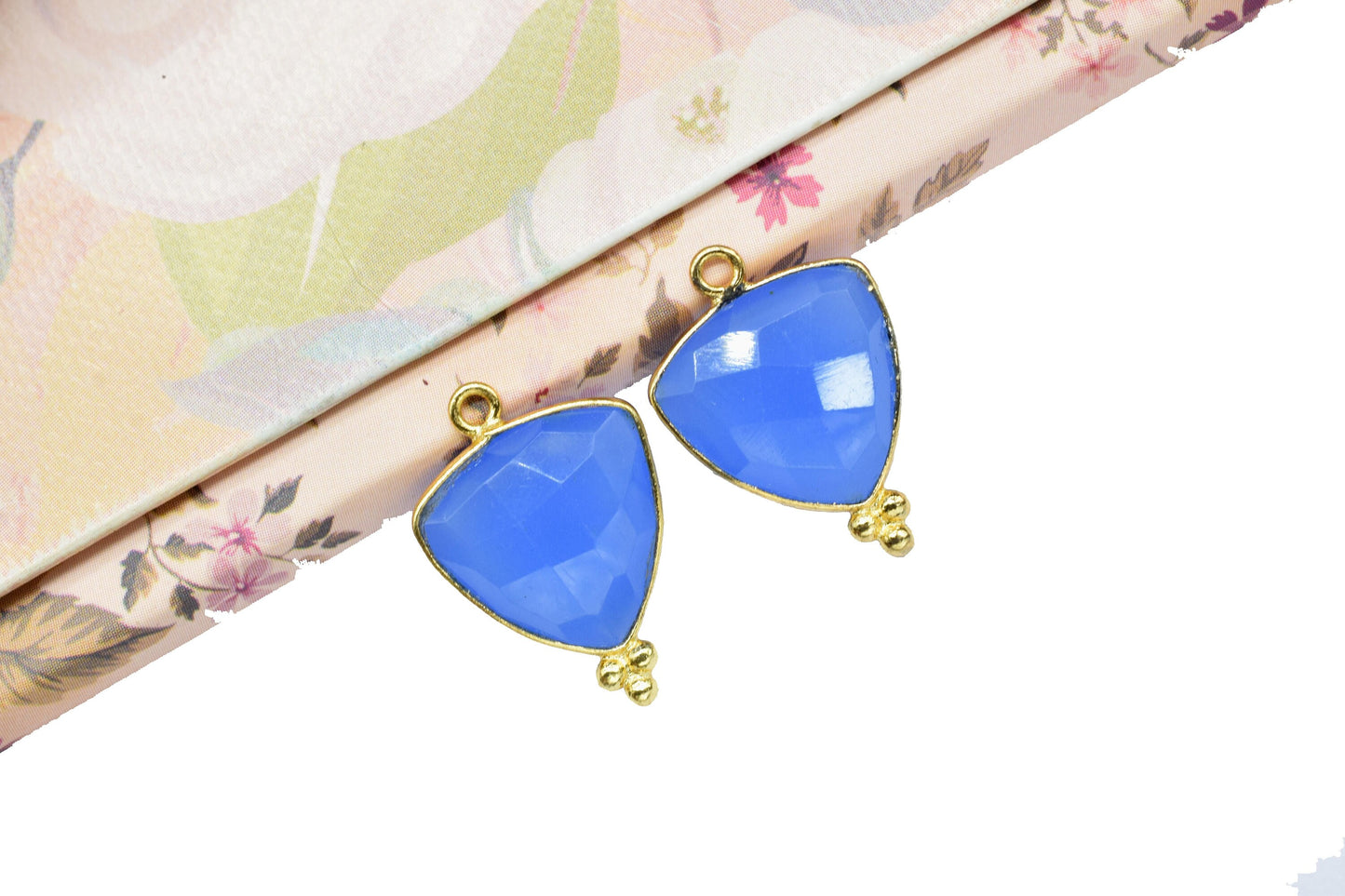 Blue Chalcedony Faceted Connector,Blue Chalcedony 15mm Trillion Shape Gold Plated Bezel Connector,Blue chalcedony Single bail component,Gift