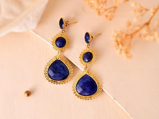 Natural Blue Sapphire Dangle Earring/Gold Plated Earring/Bridal Earring/Handmade Jewelry/Sapphire Wedding Earring/Gold Plated Jewelry/Gift