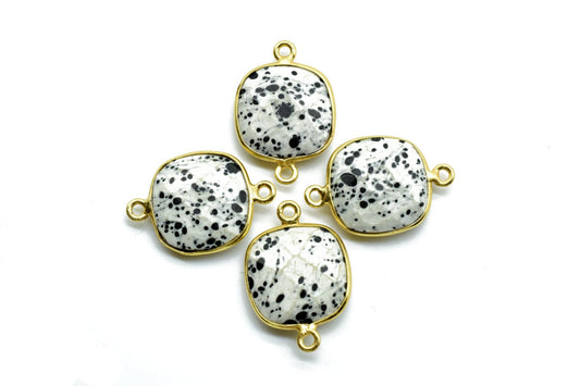 Dendrite Opal 14mm Cushion double loop connectors,Dendrite Opal Bezel Findings Cushion Charm,Dendrite Opal Cushion Shape gold Plated charms