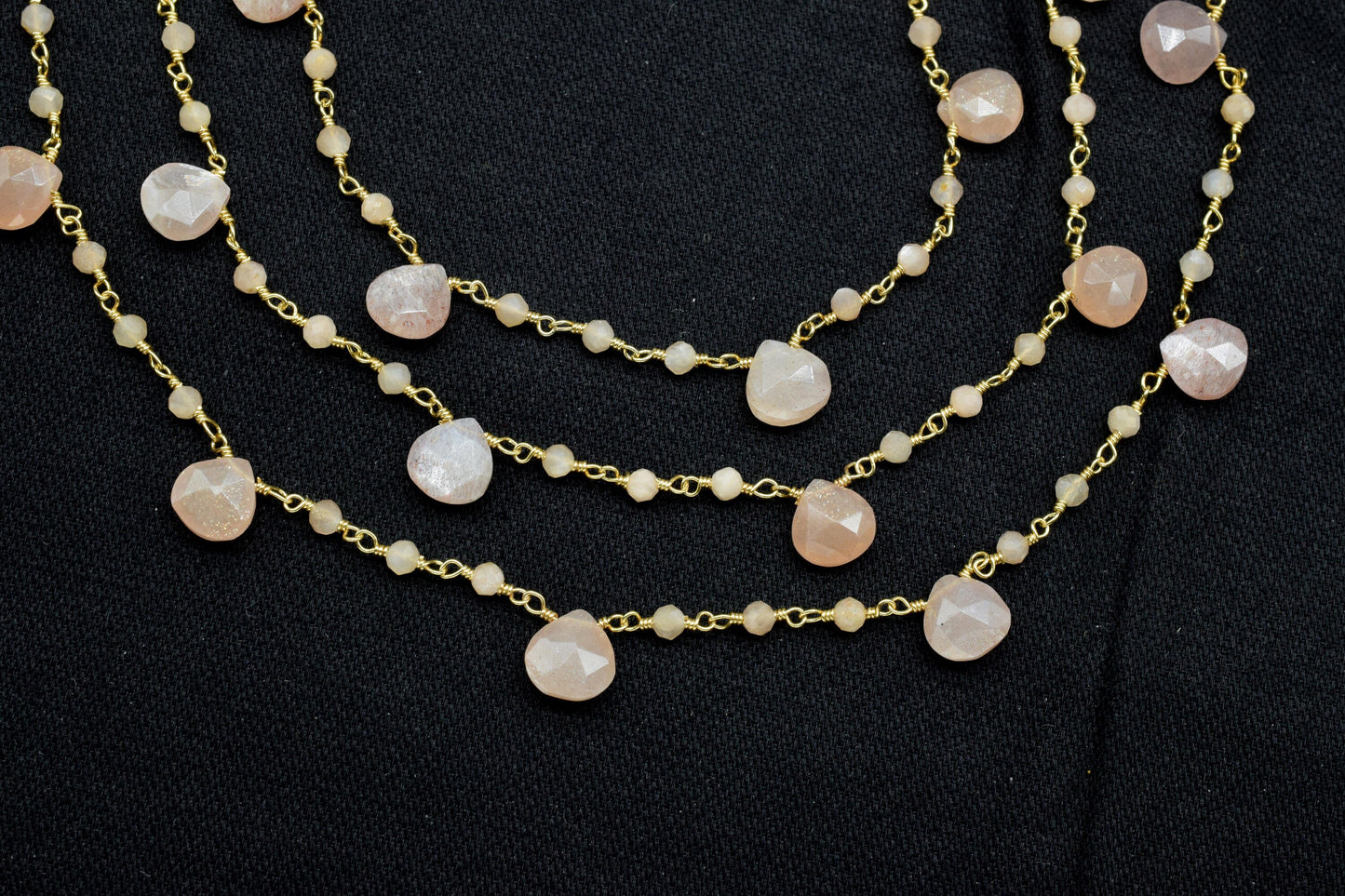 Peach Moonstone Beads Rosary,Silver Plated,Wire Wrapped link Stone Rosary,Heart Shape Briolette Chain, New Style Rosary,moonstone rosary,