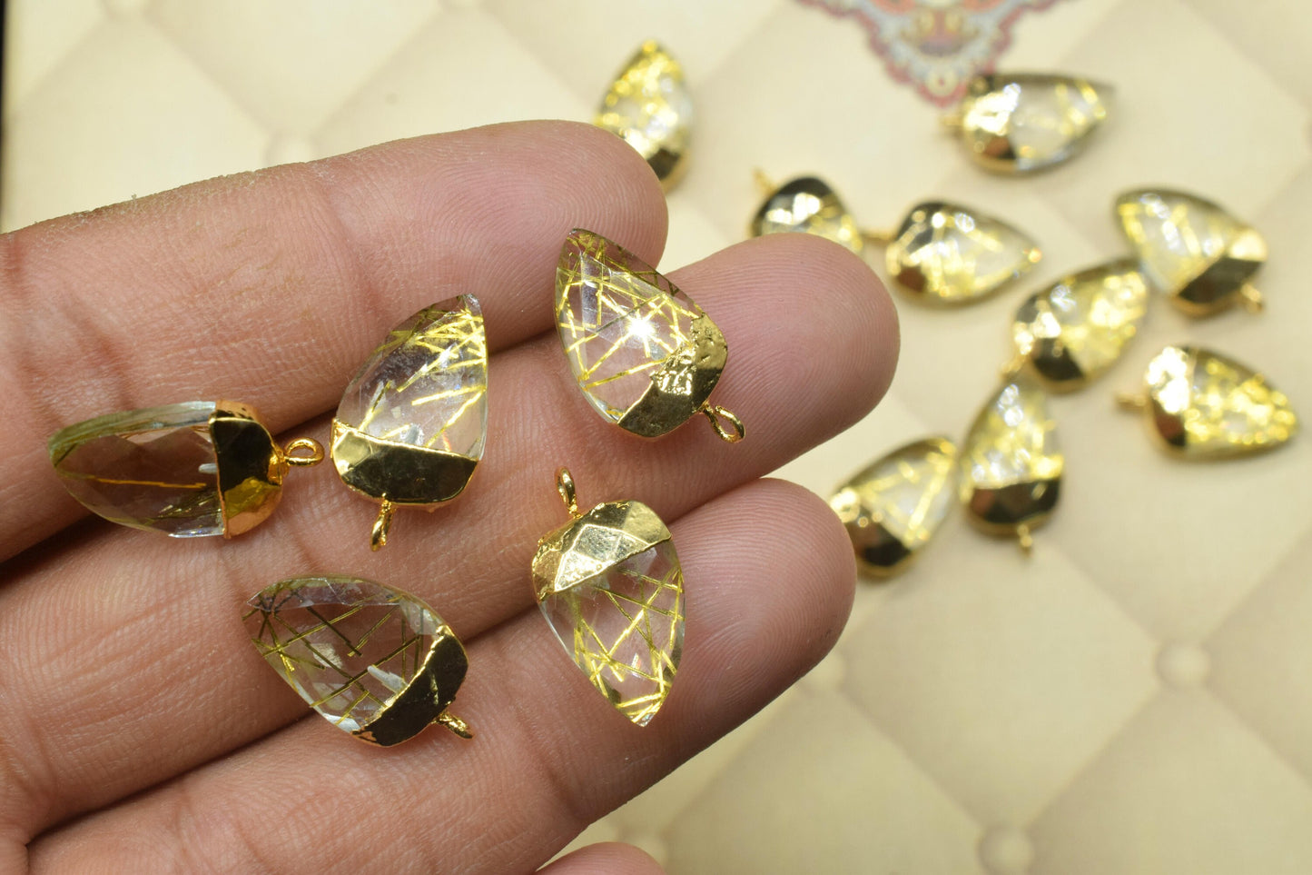 Gold Rutile Electroplated Pendant,horn shape Pendant Charm,Electroplated Pendant jewelry,Gemstone Component Pendan,Handmade Connector,Gift