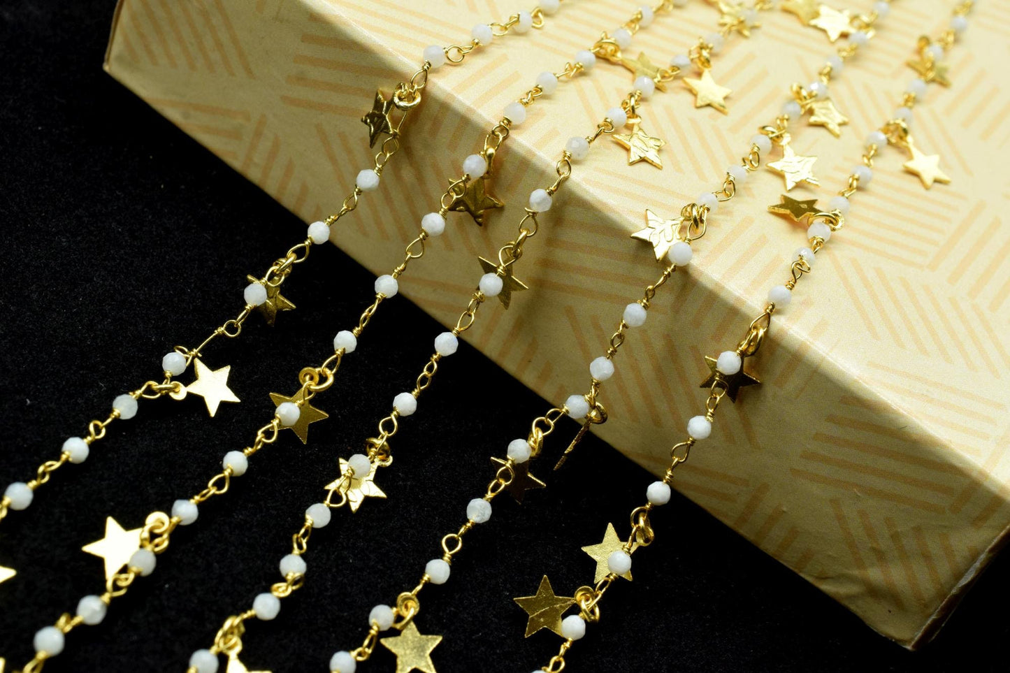 Moonstone 2mm Beaded & Star Charm Chain,Moonstone Rosary Chains,Moonstone Gold Plating Wire Wrap Chain,Brass chain,Jewelry Making Chains