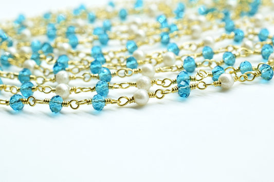 Blue Apatite Rosary Chain,Pearl Rosary Chain,jewelry making Rosary,Wire Wrapping Gemstone Chain,wire wrapped rosary chain,3mm Beaded rosary