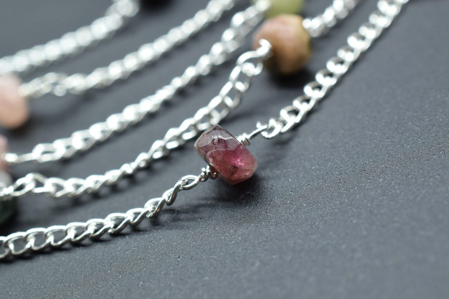Multi Tourmaline Beads Rosary,Silver Plated,Wire Wrapped link Stone Rosary Chain,Round Faceted Bead,Craft Supply Rosary,Handmade Beads Chain