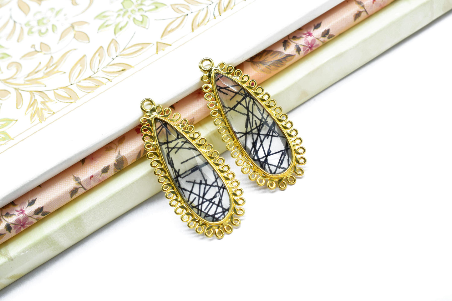 Black Rutile 10x30mm Teardrop Bezel Charm,Single Bail Pendant,Handmade Jewellery Connectors,Gemstone Brass Component,Handmade Connector,Gift