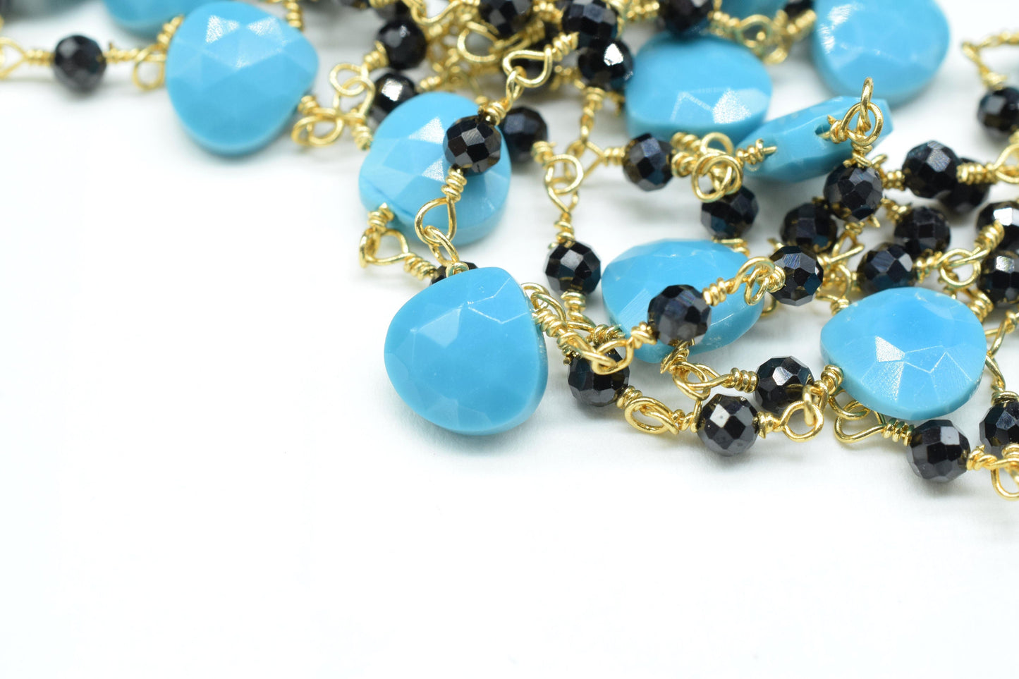 3-3.5 mm Black  Rosary Chain,Black Onyx Faceted Beaded Chain,Wire Wrapped Silver Plated Chain,turquoise briolette rosary ,dual gemstone ,