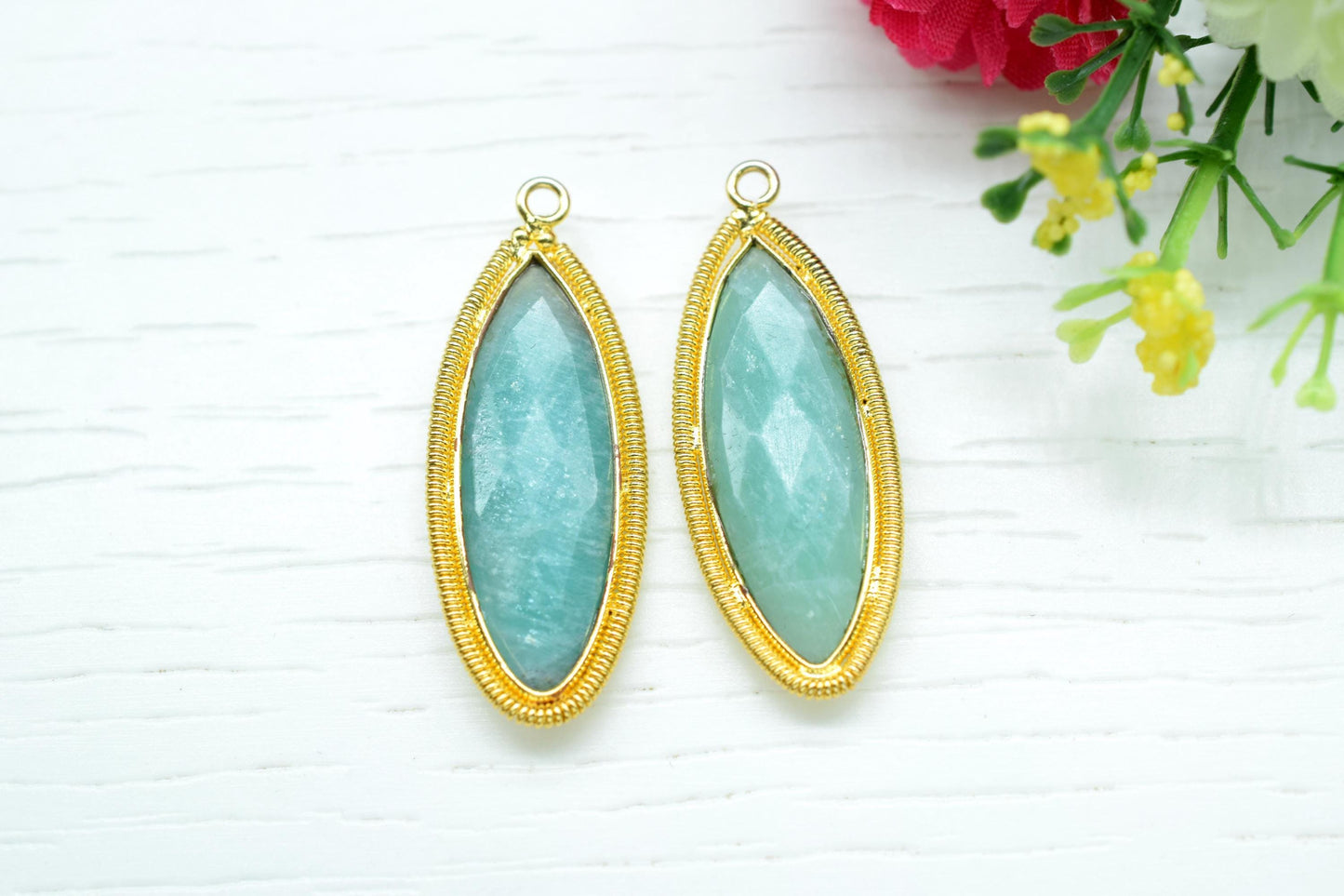 Amazonite 10x30mm Bezel Charm,Gemstone connector,Marquise Shape Charm,Single Bail Pendant,Handmade Component Pendant,Emerald Bezel Jewelry