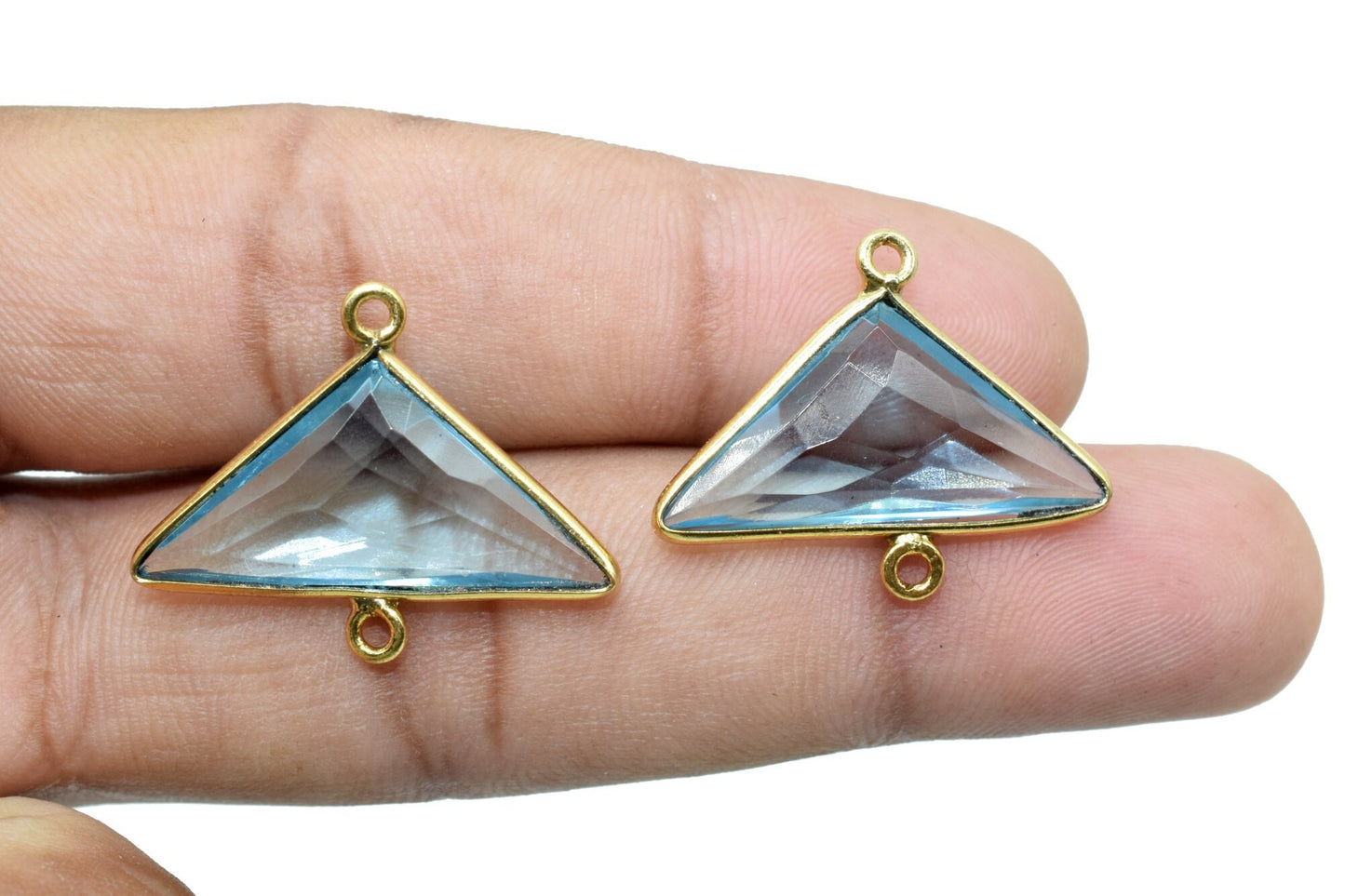 Sky Topaz 12x25mm Triangle shape double bail charms,Sky Topaz Gold Plated bezel,jewelry making charm craft,Sky Topaz single bail connectors,