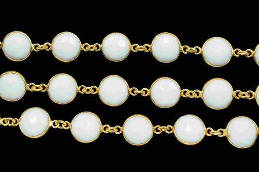 White Agate Gemstone 10mm Round Shape Bezel Chain,White Agate Gemstone Gold Plating Bezels Link Chain,White Agate One Side Cut Jewelry,Gift