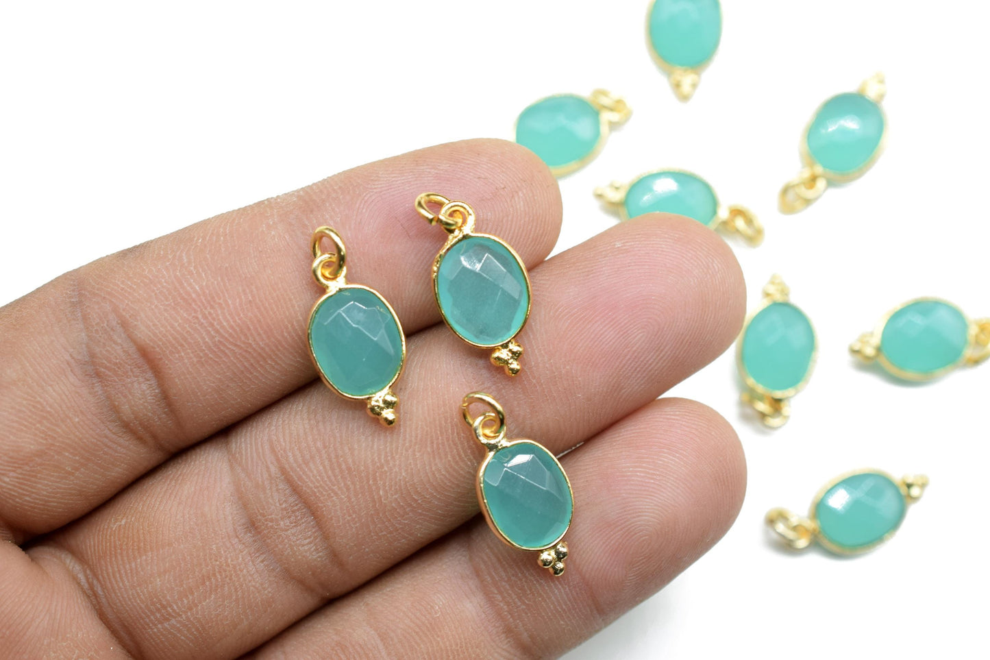 Aqua Chalcedony 8x10mm oval Shape Pendant Jewelry/Aqua Chalcedony Gold Plated Single Bail Connector jewelry/Gemstone Teardrop Charms/Gift