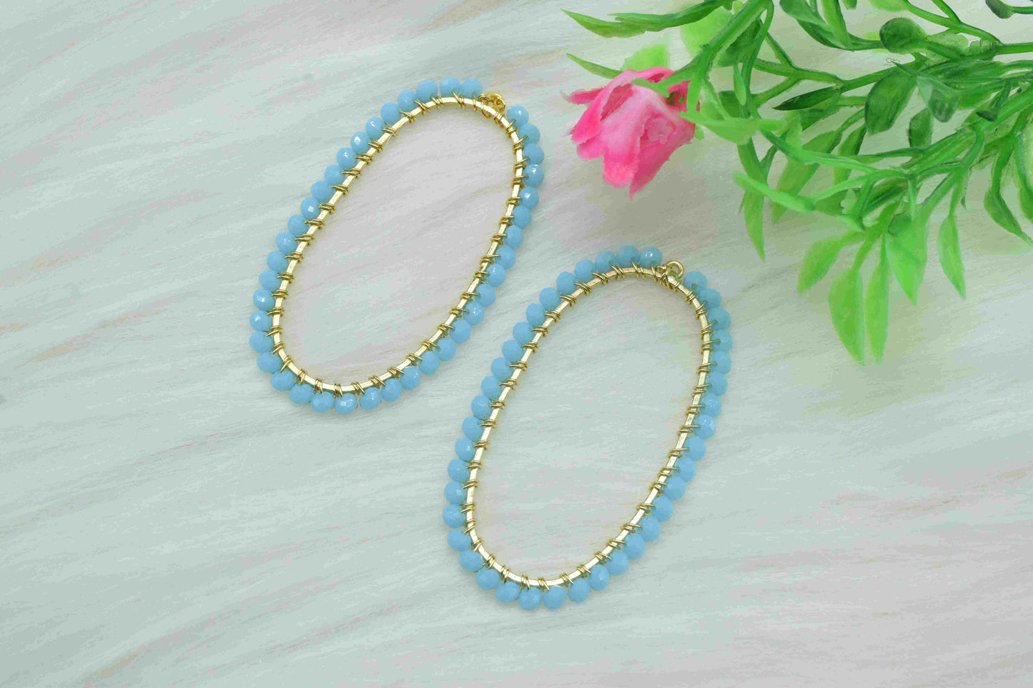 Turquoise Wire Wrapped Connector,Oval Shape Pendant Component,Turquoise Handmade Beaded Hoop Finding Component,Turquoise Quartz Jewelry,Gift