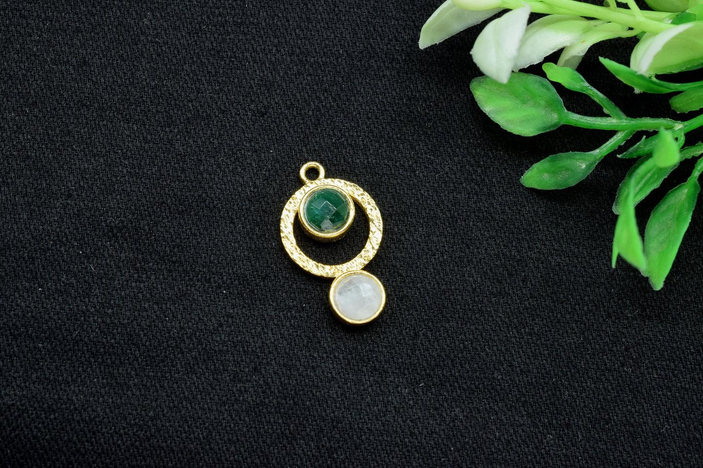 Emerald + Moonstone Gemstone  Pendant , Multi Gemstone Handmade Pendant , Single Bail Checker Cut Gemstone Connector, Gold Plated Connectors