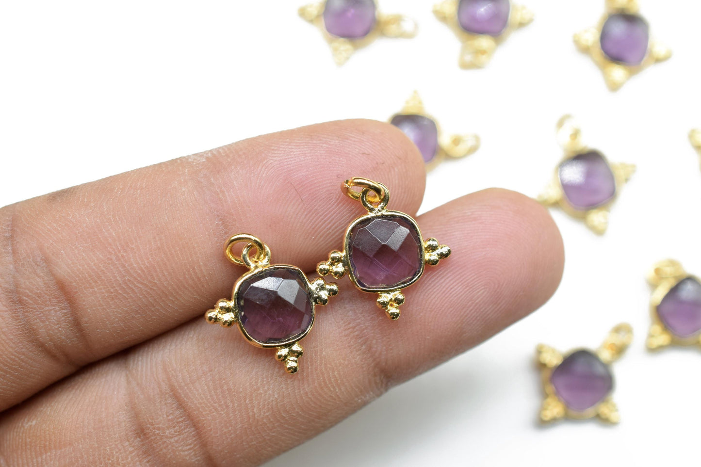 Amethyst Quartz 8mm Cushion Bezel charm/Station Bezel Link Supplies/Amethyst Jewelry Making/Square Pendant//Gemstone Connector Pendant,Gift