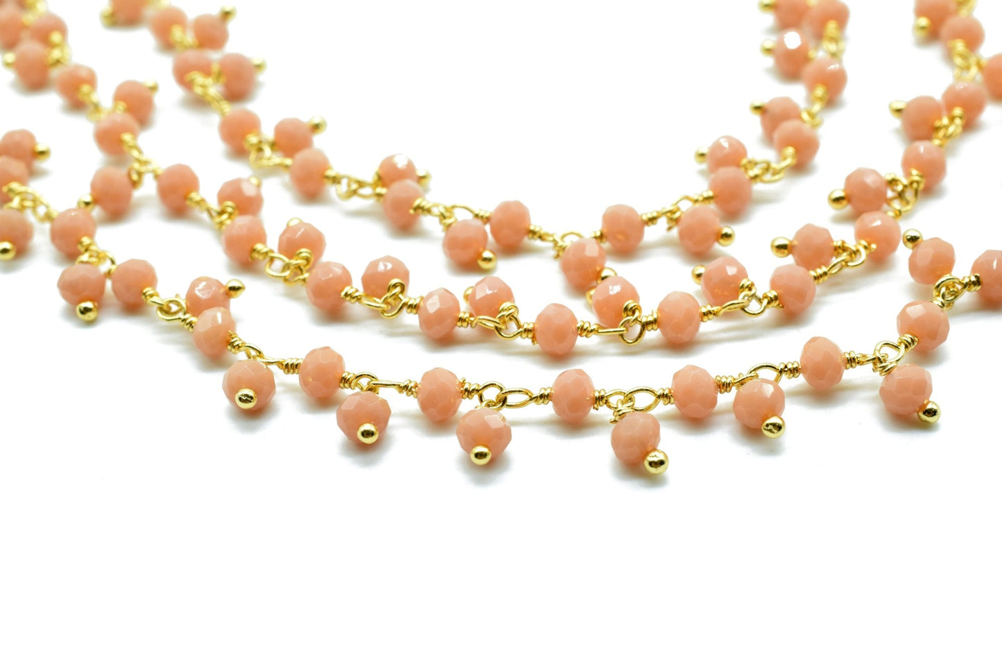 Peach Moonstone Cluster Beaded Chain, Gold Plated wire wrapped Rosary Chain,Dangling Faceted Wire Wrapped Beaded Chain,Soldby Foot Wholesale