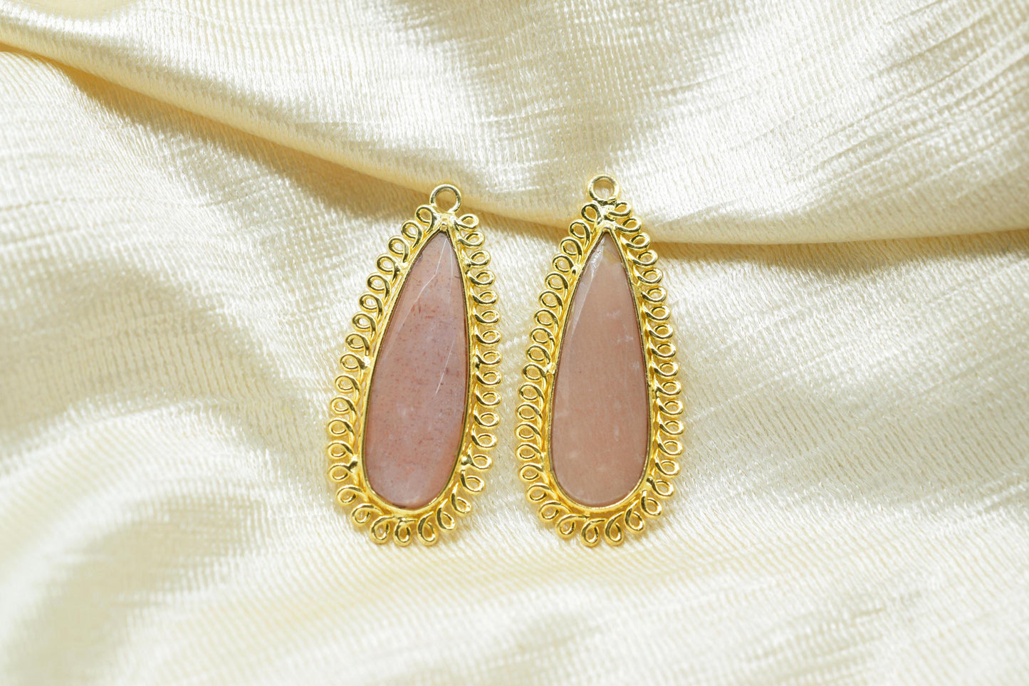 Peach Moonstone 10x30mm Teardrop Bezel Charm,Single Bail Pendant,Handmade Jewellery Connectors,Gemstone Brass Component,Handmade Connector