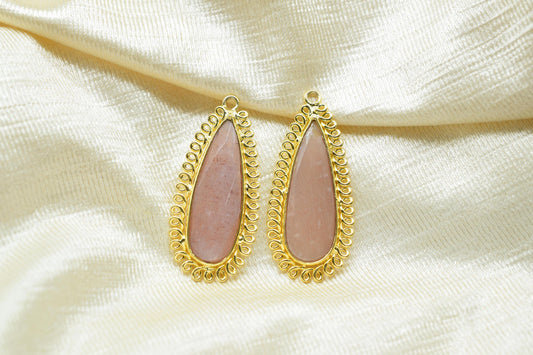 Peach Moonstone 10x30mm Teardrop Bezel Charm,Single Bail Pendant,Handmade Jewellery Connectors,Gemstone Brass Component,Handmade Connector