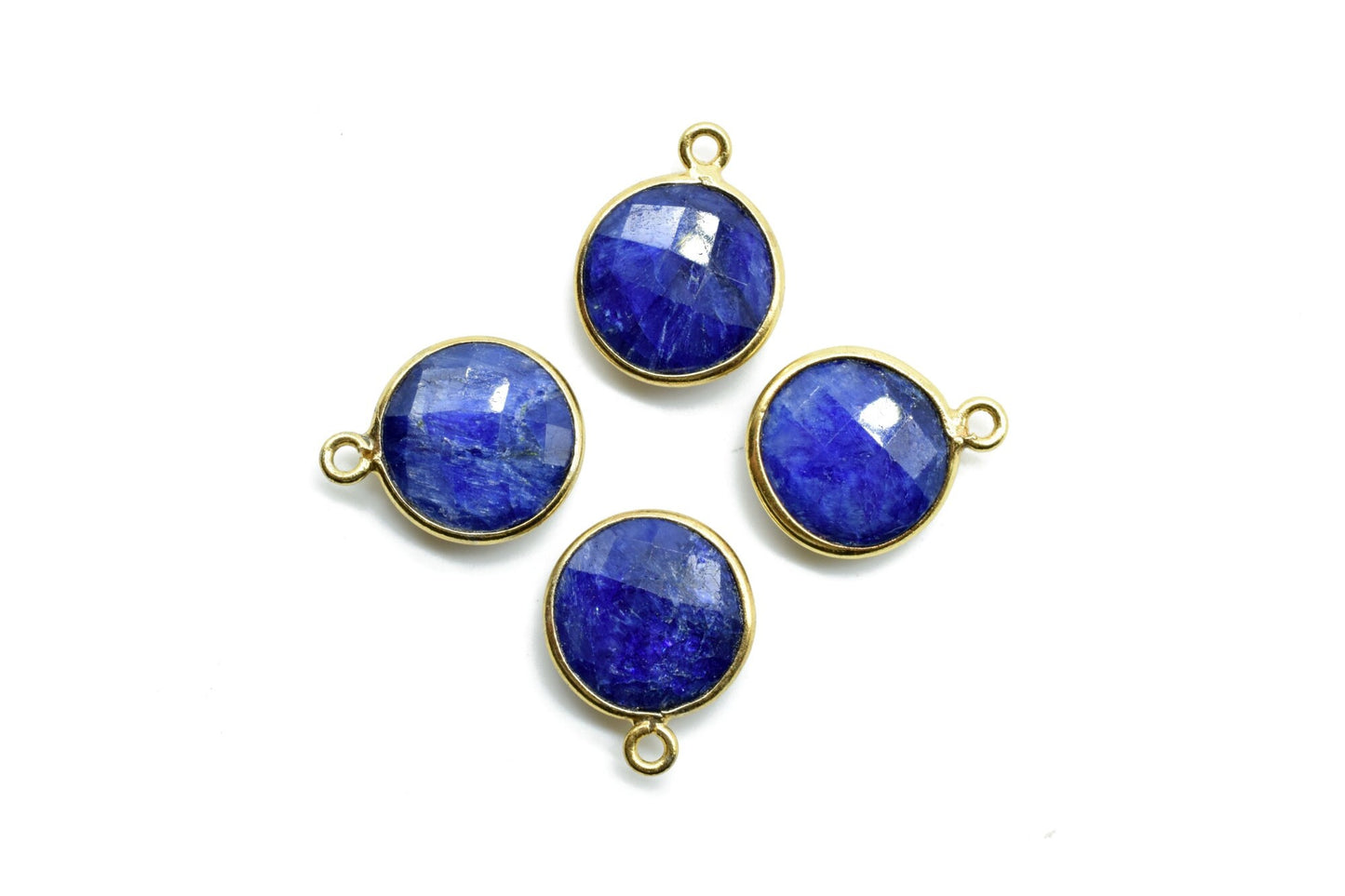 Genuine Blue Sapphire 12mm charm,Sapphire Pendant,Sapphire Round Gold Plated bezel,Vermeil Bezeljewelry making charmSapphire Brass connector