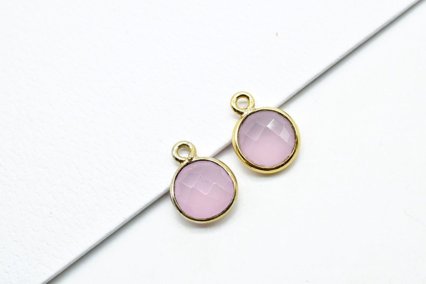Rose Quartz 8mm charm,Rose Quartz Pendant,Rose Quartz Round Gold Plated bezel,Rose Quartz Vermeil Bezel,jewelry making charm,Brass connector