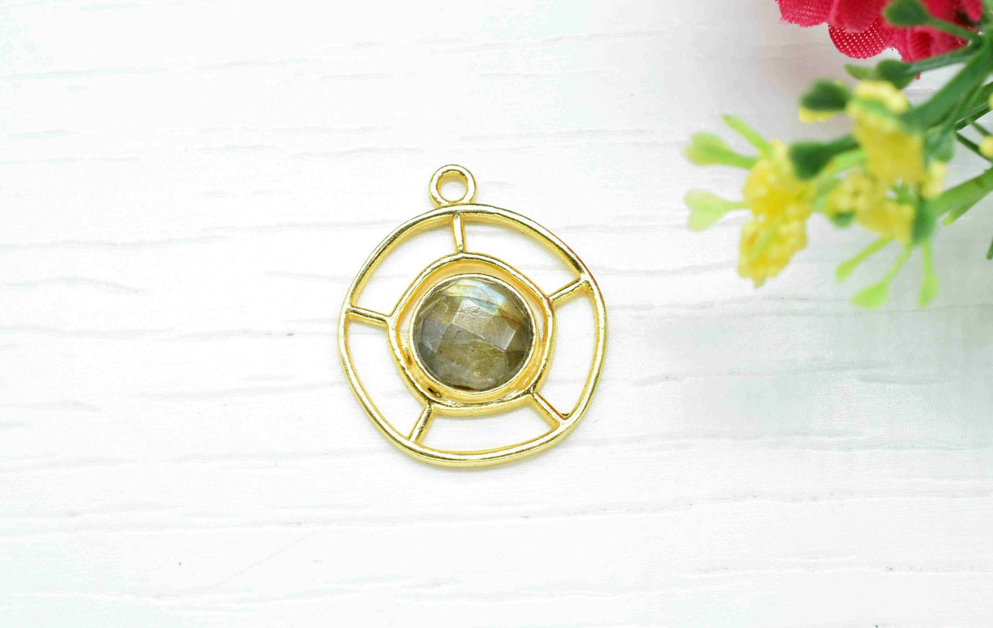 Labradorite Gemstone Component, Single Bail Charm , Labradorite Connector Pendant , Gold Plated Connectors , Earring Component , B'day Gift