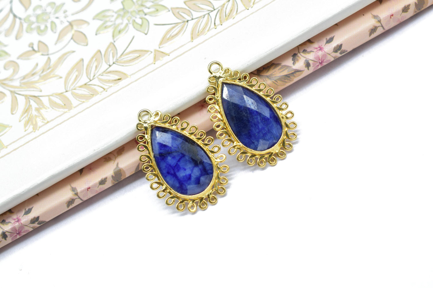 Blue Sapphire 12x20mm Teardrop Bezel Charms,Gemstone Brass Component,Wholesale Jewelry,Single Bail Pendant,Handmade Jewellery Connectors,