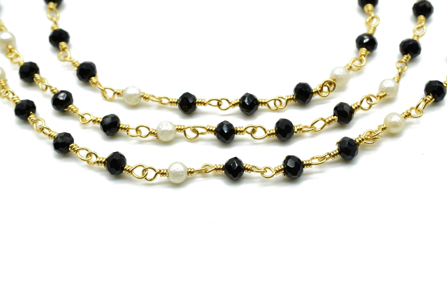Black Spinel 3mm Rosary Style Beaded Chain, Black Spinel Faceted Beads Wire Wrapped Chain,Brass chains,Jewelry Making Chains,pearl rosary