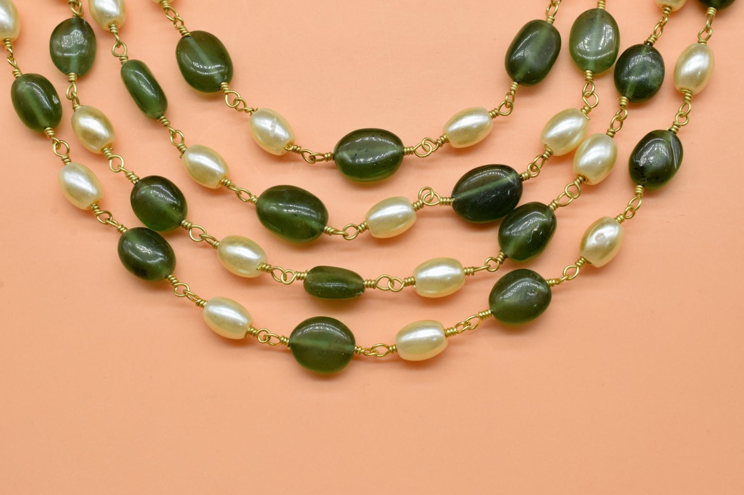 Green Strawberry and Pearl Rosary Chain,Beads Necklace Wire Wrap Rosary,Jewelry Making Beaded Chain By Foot,18K Gold Plated Oval Shape Beads