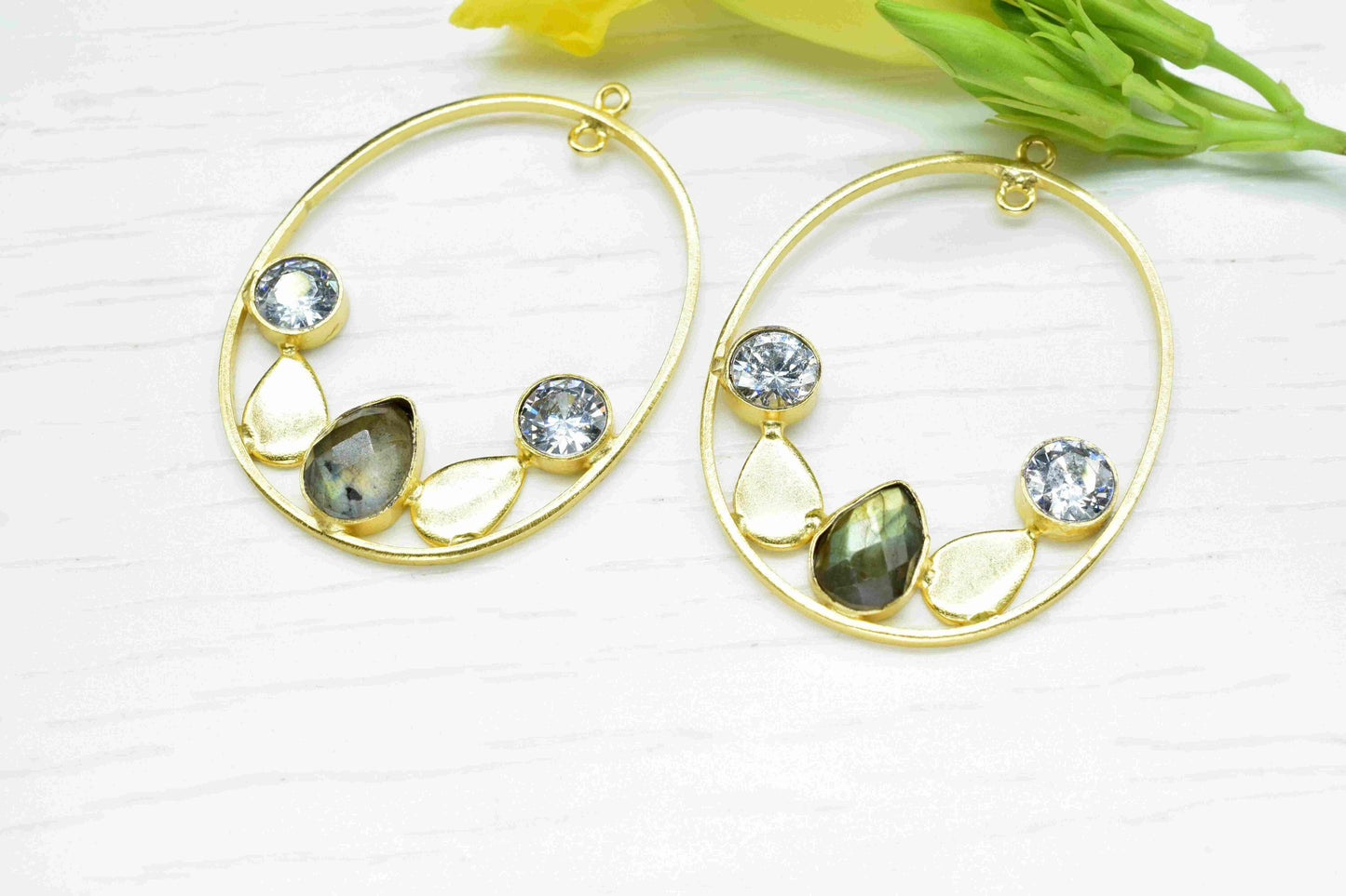 Multi Stone Labradorite Zircon Gemstone Pendant,Finding Oval Shape Single Bail Charm,Finding Gold Plated Connectors,Labradorite Earring,Gift