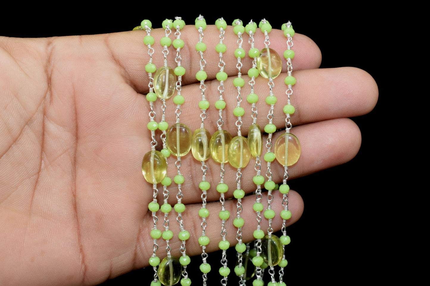 Natural Prehinte Smooth Oval Rosary Style Beaded Chain,Gold Plated Wire Wrapped Chain,Gemstone Linked Handmade Chain,Jewelry Making,Per Foot