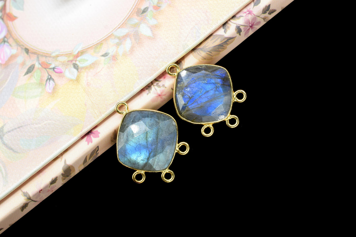 Labradorite single Bail connectors,Labradorite Brass Gold Plated bezels Pendants,Blue Flash Labradorite 14mm cushion shape Charms Pendant