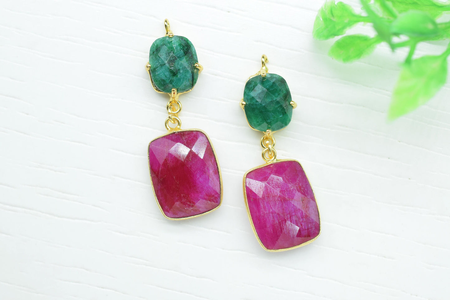 Natural Emerald Prong Setting Bezel Charm/Ruby Connector/Earring Connector/Multi Stone Pendant/Station Bezel Link/Handmade Pendant/Gift