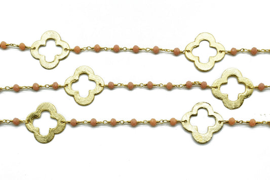 Peach Agate 3mm Beaded Chain,Peach Agate Rosary Chains,Peach Agate Gold Plating Wire Wrap Chain,Brass chain,charm rosary,clover rosary chain